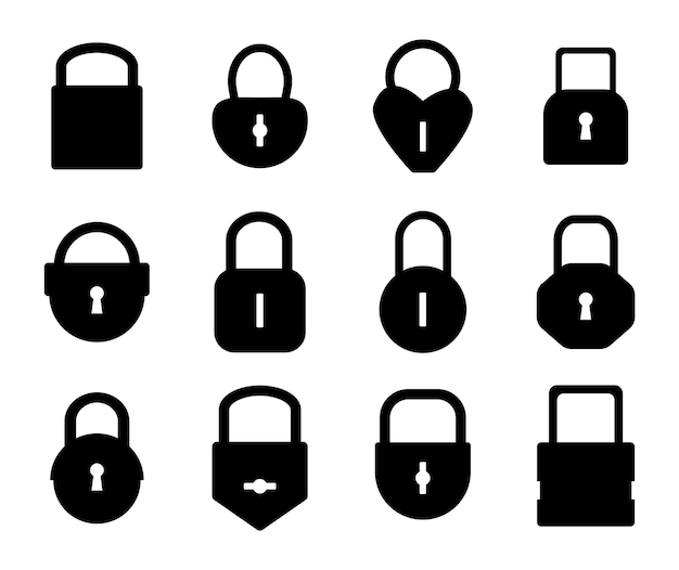 Schlosssilhouette schwarze vorhängeschlossformen für logo moderne und vintage-grafikvorlage isolierte schutzverriegelungsmechanismus-symbole mit schlüsselloch vektor-benutzerblockierungs- und datenverschlüsselungssymbole gesetzt