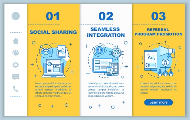 Schlüsselelemente des Empfehlungsprogramms beim Onboarding mobiler Webseiten Vektorvorlage