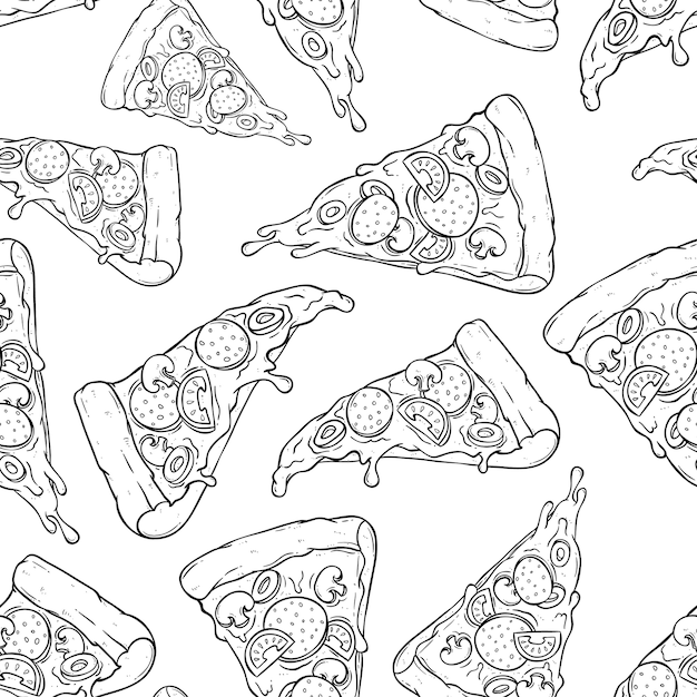 Schmackhafte geschmolzene pizza scheibe im nahtlosen muster mit doodle oder skizze stil