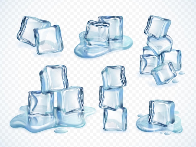 Schmelzende Eiswürfel Eingefrorene Aqua-Schmelzwürfel in Wasserpfütze Eisbecken feste Flüssigkeit nasser Kristall geschmolzener klarer Blockhaufen für Gefriergetränke oder alkoholische Getränke genaue Vektorillustration