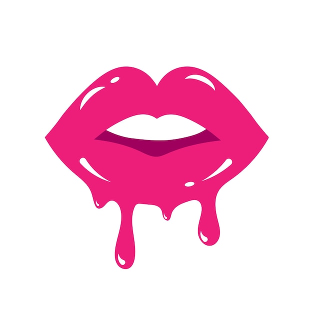 Schmelzende glänzend farbige und sexy geteilte lippen. tropfende lippen mit rosa farbe.