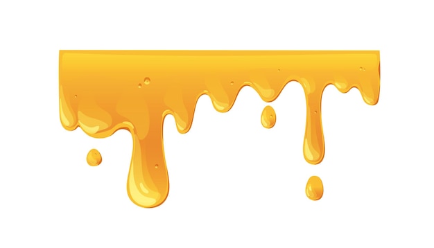 Schmelzende goldene, bernsteinfarbene Honigwelle. Klebriger Karamellsirup tropft, fließt in Strömen und flüssigen Zuckertropfen herab. Flüssige, geschmolzene Süßigkeiten. Flache grafische Vektorillustration isoliert auf weißem Hintergrund.