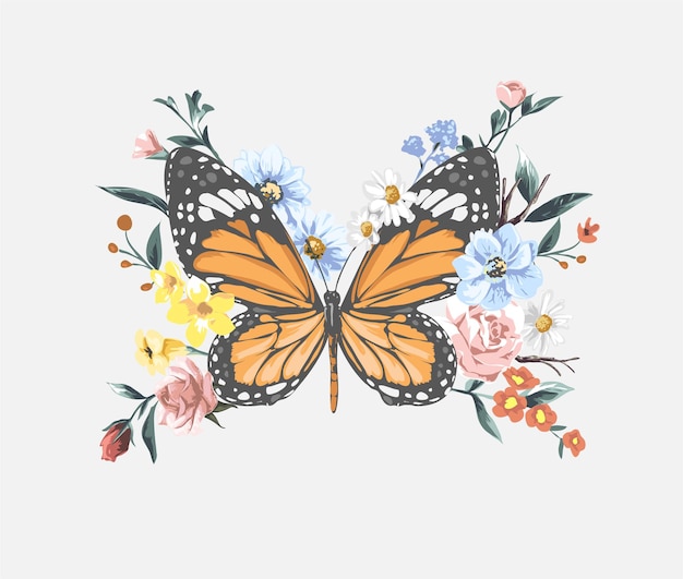 Vektor schmetterling im bunten blumenstrauß vektorillustration