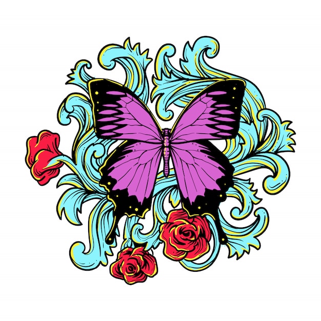 Schmetterling mit natürlicher rosenillustration