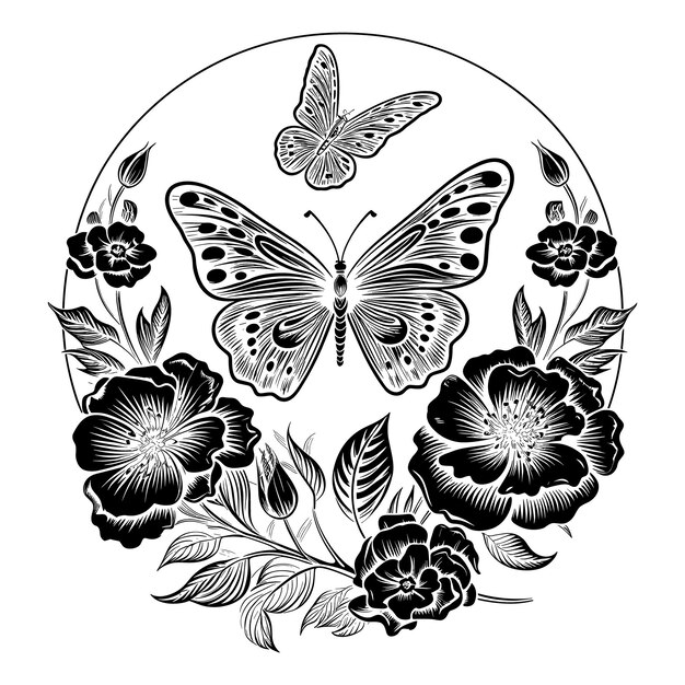 Schmetterling und Blume Elegante dekorative Zierblumen-Design-Silhouette