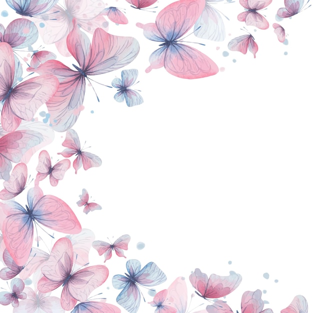 Schmetterlinge sind rosa-blaue lila fliegen zart mit flügeln und spritzen von farbe hand gezeichnet aquarell illustration rahmen vorlage kranz auf weißem hintergrund für das design