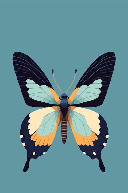 Schmetterlings-vektorillustration im flachen stil auf blauem hintergrund
