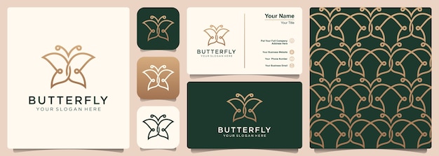 Schmetterlingslogo mit satz von logo, muster und visitenkartenentwurf. konzept für luxus, schönheit natur