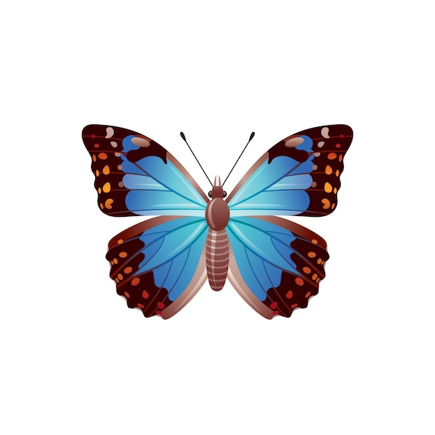 Schmetterlingssymbol 3d-realistisches Morpho-azurblaues Schmetterlingsinsekt mit schönen blauen Flügeln Tierzeichen für Logo-Design-Plakat-T-Shirt-Druckbanner Vektor-Illustration isoliert auf weißem Hintergrund