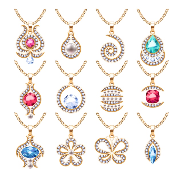 Schmuckanhänger gesetzt. Goldene Ketten mit Edelsteinen. Wertvolle Halsketten mit Diamanten Perlen Rubine. Illustration. Gut für Juwelier.