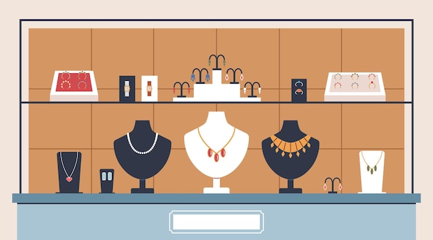 Schmuckladen-Ausstellung Moderne Glamour-Zubehör hinter Glas kostbare Modelle Präsentation Halsketten und Ohrringe Ringe auf Ständen Cartoon-Flat isolierte Illustration heutige Vektorkonzept