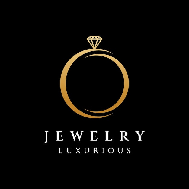 Vektor schmuckring abstraktes logo-template-design mit luxuriösen diamanten oder edelsteinen, die auf schwarzem und weißem hintergrund isoliert sind. logo kann für schmuckmarken und schilder sein