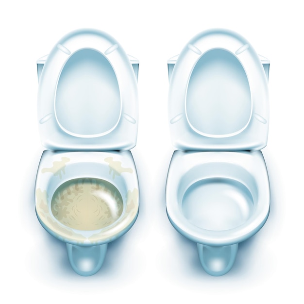 Schmutzige und saubere toilette toiletten-tool-set vektor. verstopfte unhygienische und gewaschene keramische toiletten-sanitäranlagen. reinigungskabinett inländische hygienische hausarbeit realistische 3d-illustrationen