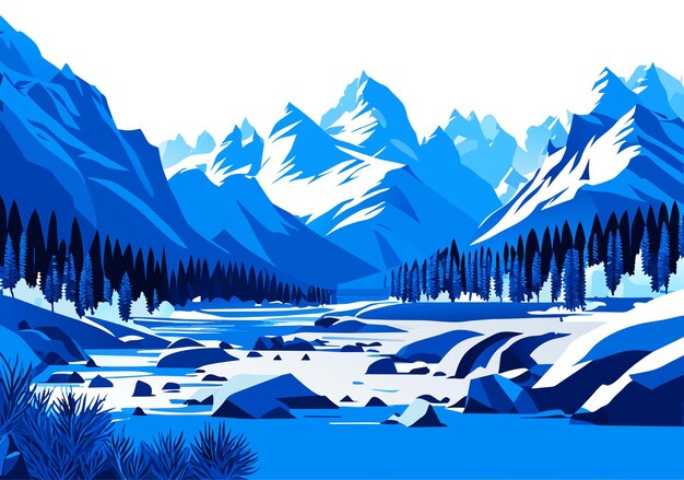 Vektor schnee-berg-fluss-wald-blauer himmel-tapeten-illustrations-hintergrund