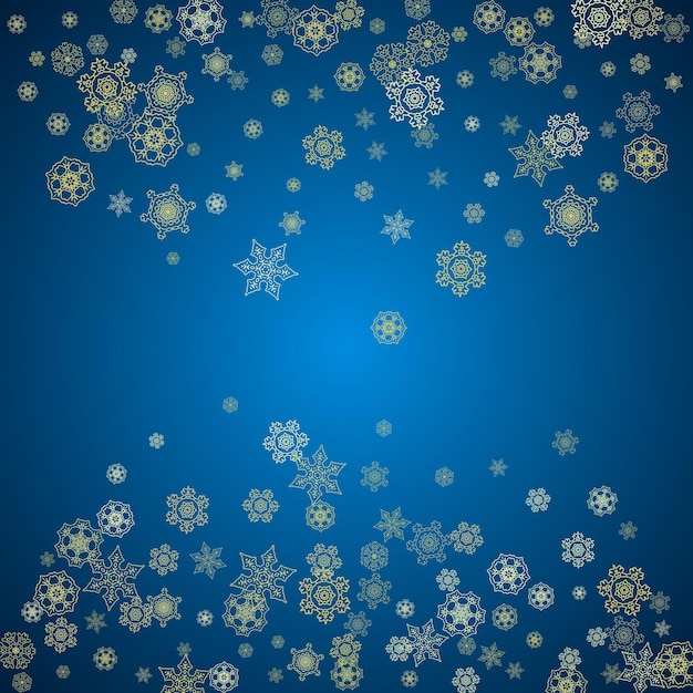 Schnee des neuen jahres auf blauem hintergrund. goldglitzernde schneeflocken. weihnachten und neujahr schnee fallende kulisse. für saisonverkäufe, sonderangebote, banner, karten, partyeinladungen, flyer. frostiger winter auf blau.
