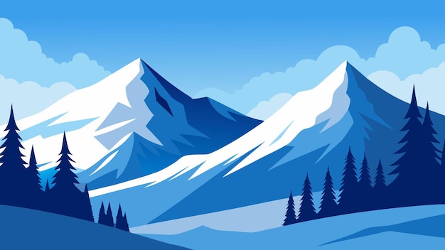 Schneebedeckte Bäume und hohe Berge erzeugen eine malerische Winterlandschaft, die Ruhe und natürliche Schönheit hervorruft.