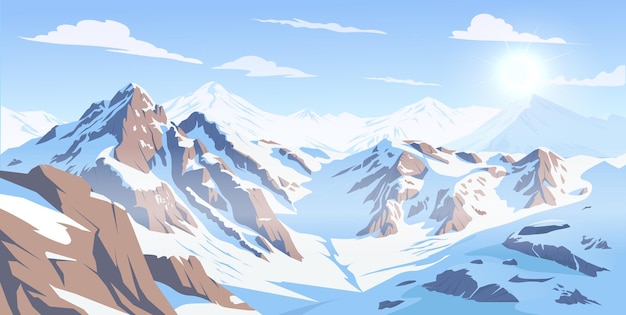 Schneebedeckte Bergkette unter strahlender Sonne und blauem Himmel