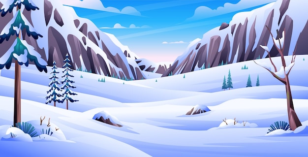 Vektor schneebedeckte winterlandschaft mit kiefern und felsigen bergen im hintergrund cartoon-illustration