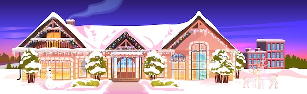 schneebedeckter Haushof in der Wintersaison Hausbau mit Dekorationen für Neujahr und Weihnachtsfeier Illustration