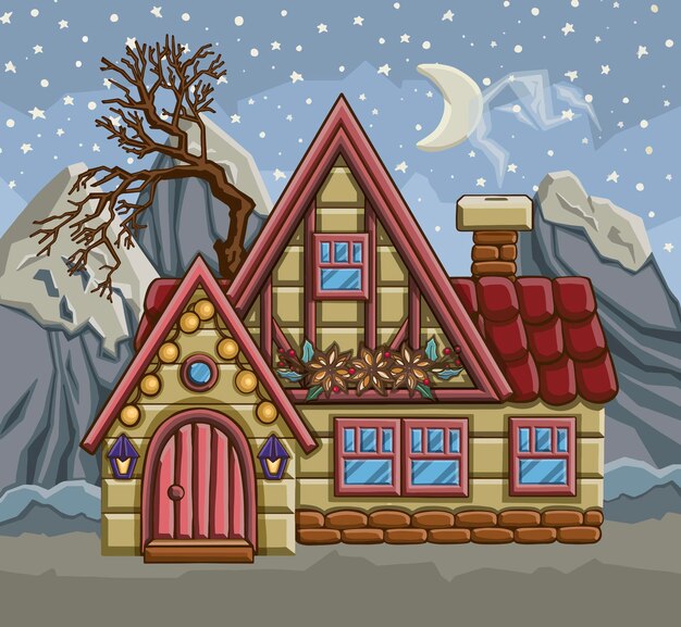 Schneebedecktes weihnachtlich geschmücktes Haus in einer Winternacht unter dem Mond