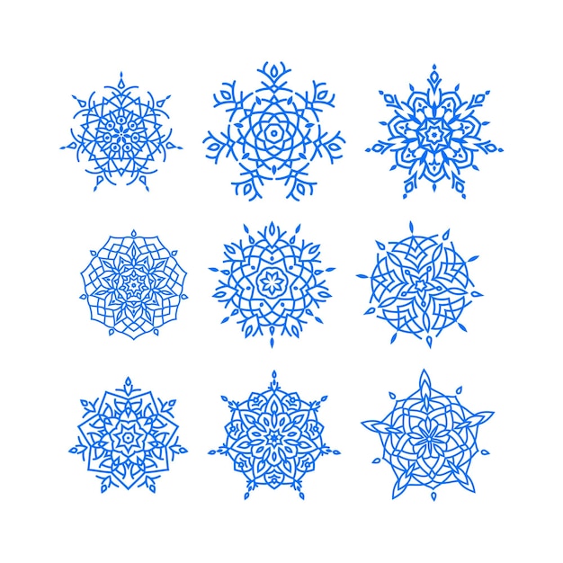 Schneeflocken-winterset isolierte silhouette mit neun symbolen auf blauem hintergrund