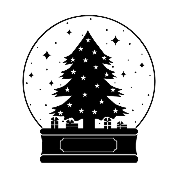 Schneekugel mit weihnachtsbaum und geschenken, schwarze schablone, isolierte vektorgrafik