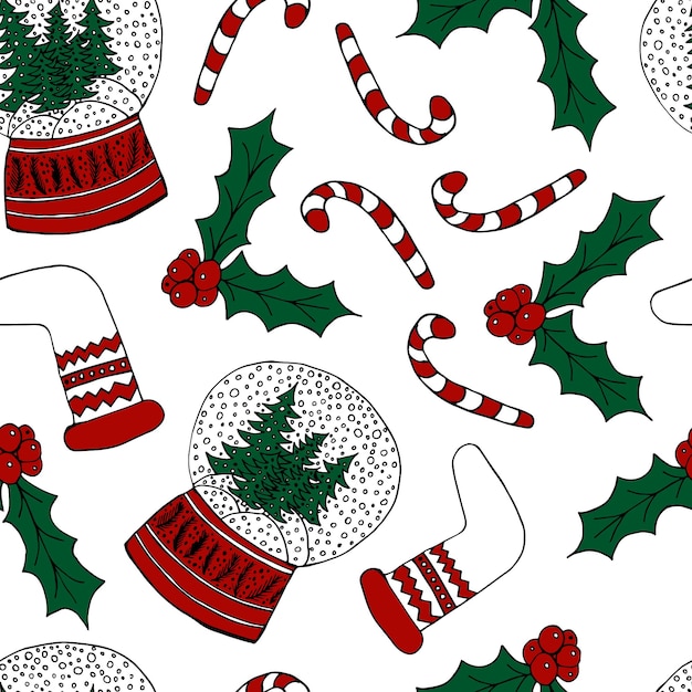 Schneekugel zuckerstange weihnachtssocke mistel weihnachten vektor nahtloses muster design für geschenkpapier feiertagsdekor tapeten grußkarten textil-heimdekoration