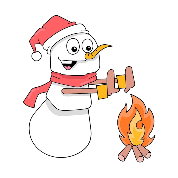 Schneemann beim aufwärmen am lagerfeuer doodle symbolbild kawaii