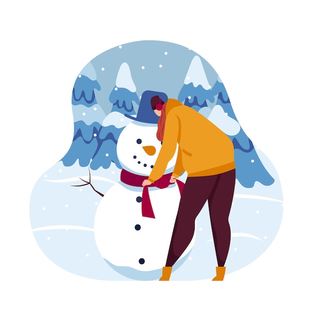 Schneemann konzept schnee spaß urlaub winter schneebedeckten menschen urlaub landschaftsdesign im cartoon-stil vektor-illustration