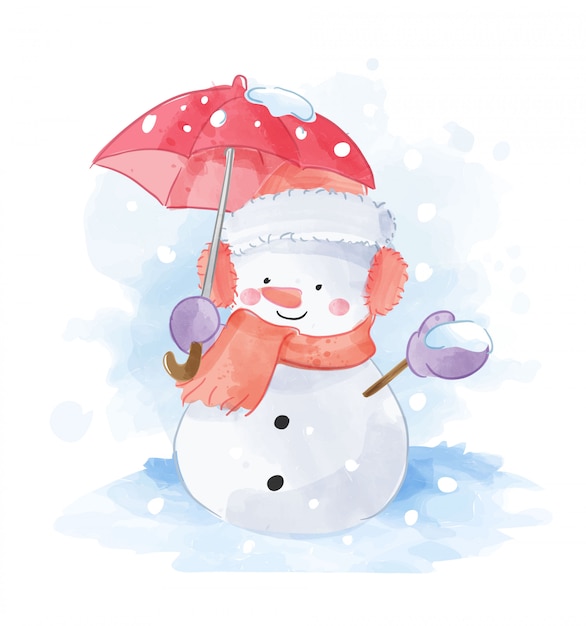 Schneemann mit roter regenschirmillustration