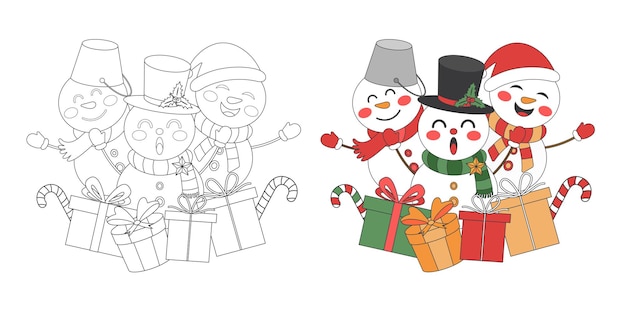 Vektor schneemann mit weihnachtsgeschenk weihnachtsthema linie kunst doodle cartoon illustration malbuch für kinder frohe weihnachten