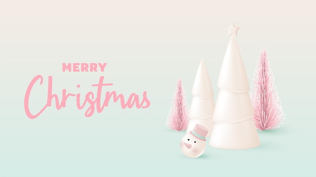 Schneemann und Weihnachtsbaum mit 3D- und Papierkunstart in Pastellfarbschema-Vektorillustration