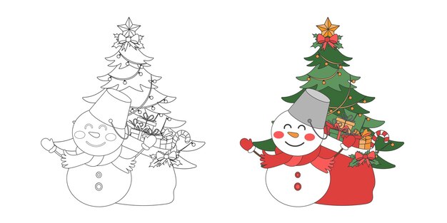 Vektor schneemann weihnachtsgeschenkbeutel und weihnachtenbaum weihnachtsthema linie kunst doodle cartoon illustration malbuch für kinder frohe weihnachte