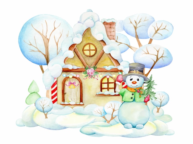 Schneemannhaus im schneeaquarellclipart auf einem lokalisierten hintergrund