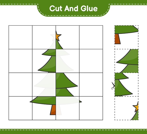 Schneide und klebe geschnittene teile des weihnachtsbaums und klebe sie. druckbares arbeitsblatt für lernspiele für kinder