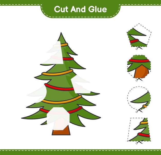Schneide und klebe geschnittene Teile des Weihnachtsbaums und klebe sie. Druckbares Arbeitsblatt für Lernspiele für Kinder