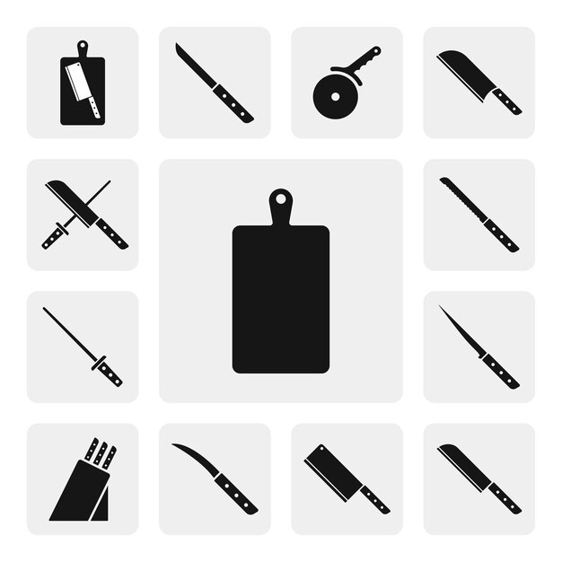 Schneidebrett flach Web-Symbol Zeichen Silhouette solide schwarze Symbolvektor. Kochen, Küchen-Icon-Set