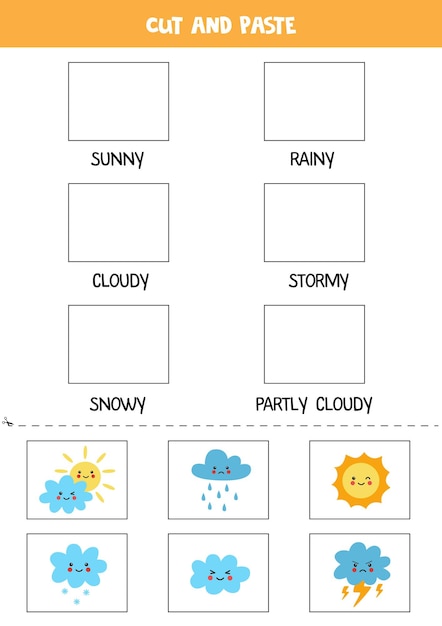 Schneiden sie wetterbilder aus und fügen sie sie in die richtigen kästchen ein arbeitsblatt für kinder