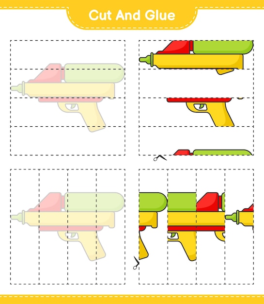 Schneiden und kleben sie die geschnittenen teile der wasserpistole und kleben sie sie auf