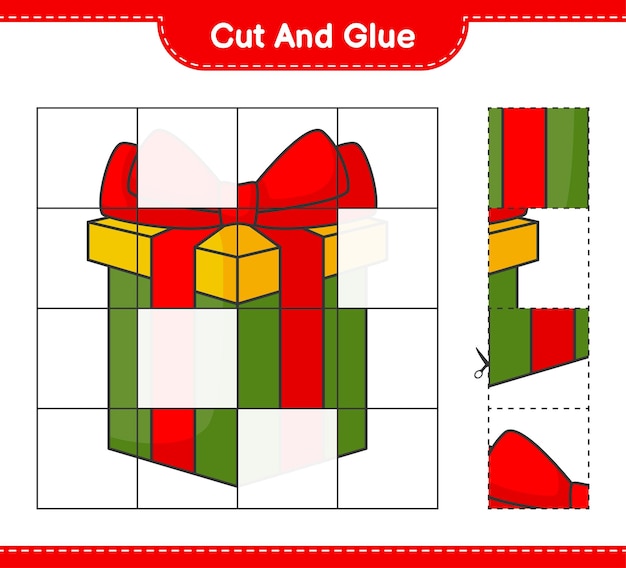 Schneiden und kleben sie geschnittene teile der geschenkbox und kleben sie sie. pädagogisches kinderspiel druckbares arbeitsblatt vektorillustration