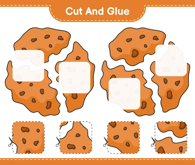 Schneiden und kleben sie geschnittene teile von cookie und kleben sie sie. pädagogisches kinderspiel druckbare arbeitsblatt-vektorillustration