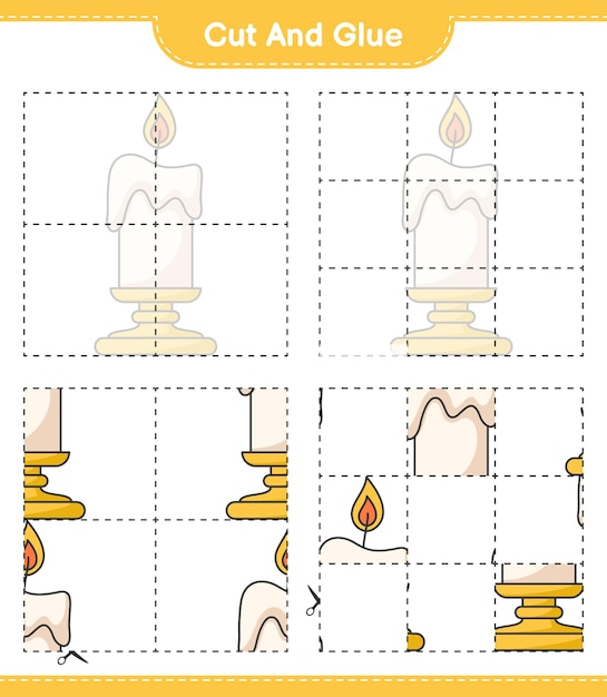 Schneiden und kleben, teile von candle ausschneiden und kleben. pädagogisches kinderspiel, druckbares arbeitsblatt, vektorillustration