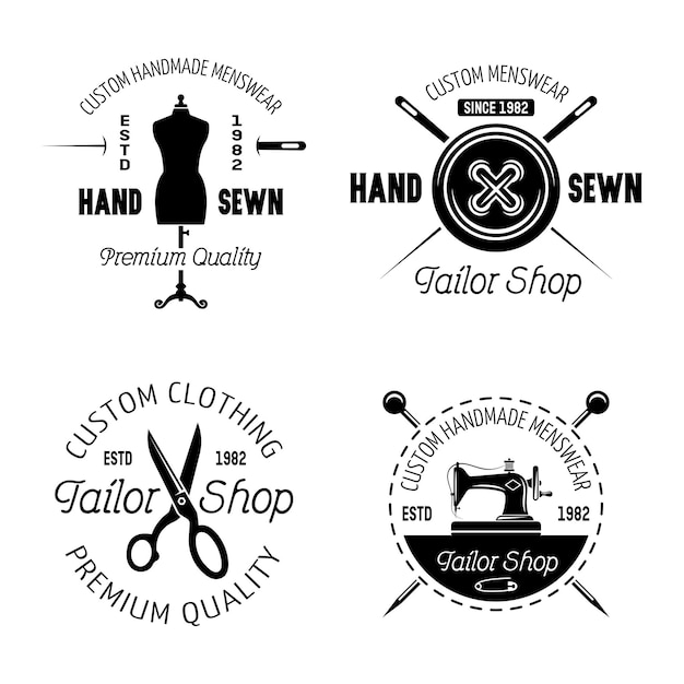 Schneiderei-Set aus vier Vektor-Monochrom-Emblemen beschriftet Abzeichen oder Logos einzeln auf weißem Hintergrund