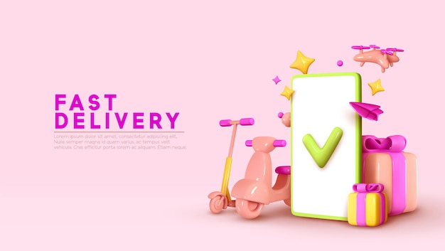 Schnelle Lieferung, Motorrad, Elektroroller, Drohnenkopter, Handy. Realistische 3D-Design kreative Konzept-Marketing-Idee. Zielseite, Bannerposter für die Website. Online-Service-Bestellung von Waren