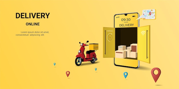 Schneller Lieferservice per Roller auf dem Handy Online-Bestellung E-Commerce Smart Logistic Concept für Website-Banner und mobile Website 3D-Perspektive-Vektorillustration