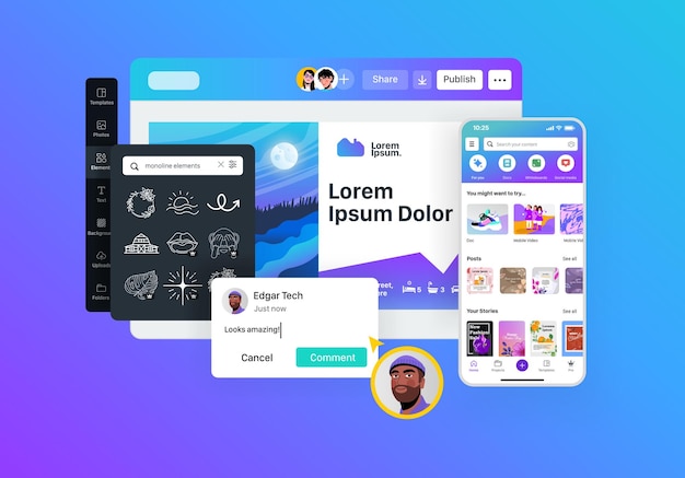 Schnittstelle einer Grafikdesignplattform, die zum Erstellen von Grafiken und Präsentationen für soziale Medien verwendet wird