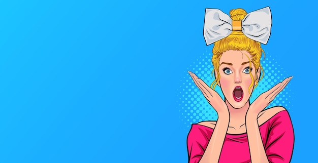 Schockierte Frau mit erstauntem Gesicht und offenem Mund wow im Retro-Vintage-Pop-Art-Comic-Stil