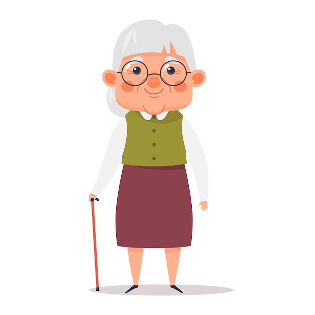 Schöne ältere Frau Großmutter mit einem Stock Vektorillustration im Cartoon-Stil