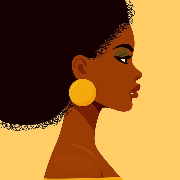 Schöne afroamerikanische Frau mit gelbem Ohrring, flache Vektorillustration