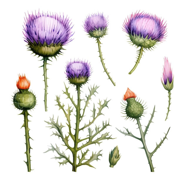 Vektor schöne aquarelle thistle blüten clipart und blätter aquarelle blumenelemente